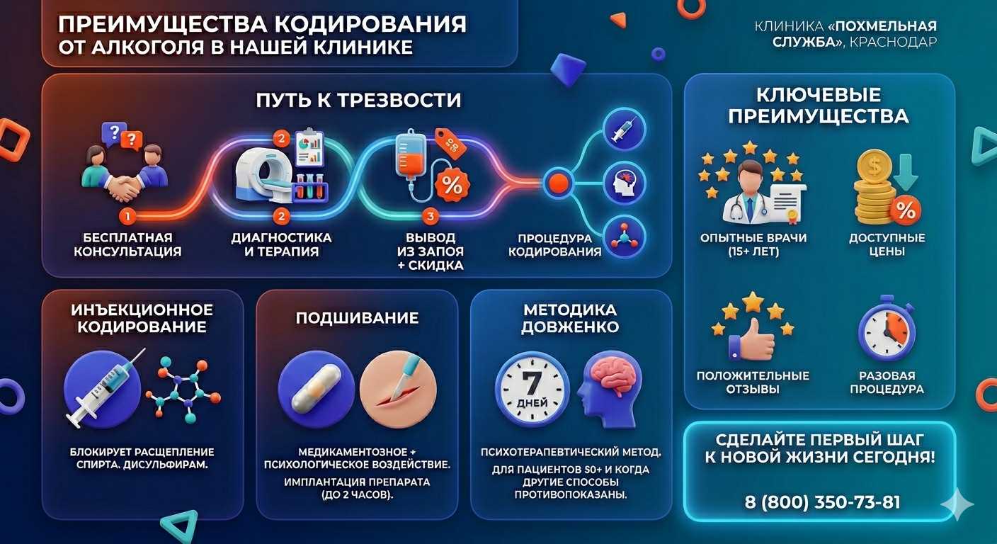 Инфографика о методах кодирования от алкоголя в ЮВАО Москвы: инъекции, подшивание, метод Довженко. Преимущества клиники и этапы лечения.