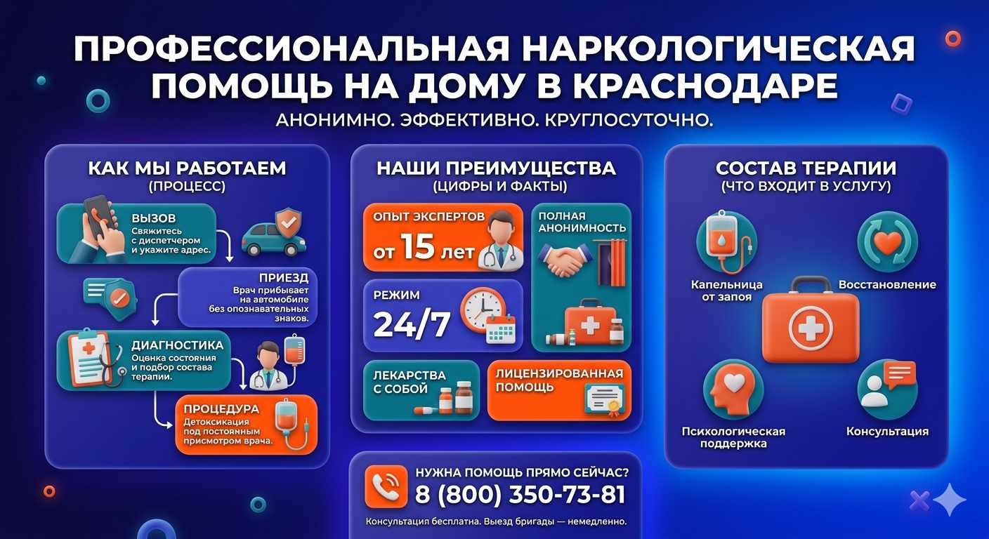Инфографика о принципах лечения алкоголизма на дому в ЮВАО Москвы: этапы вызова нарколога, преимущества анонимной детоксикации и состав медицинской помощи.